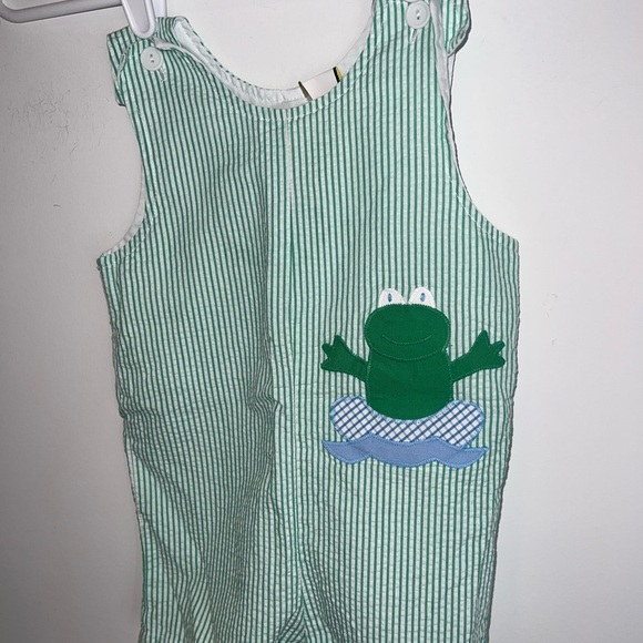 Vintage Green Striped Baby Romper with Frog Patch - Picture 4 of 9